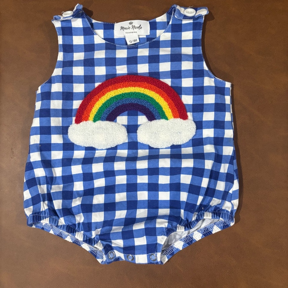 Blue Checkered Baby Bubble Romper with Rainbow Design